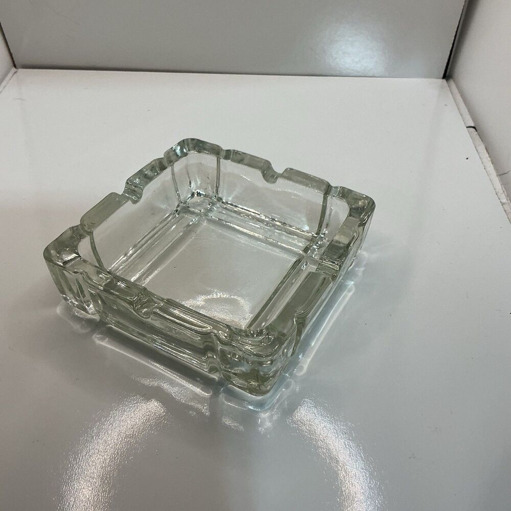 Vtg Mid Century Clear Square Glass Ashtray 4" Pressed Crystal Style  Tobacciana